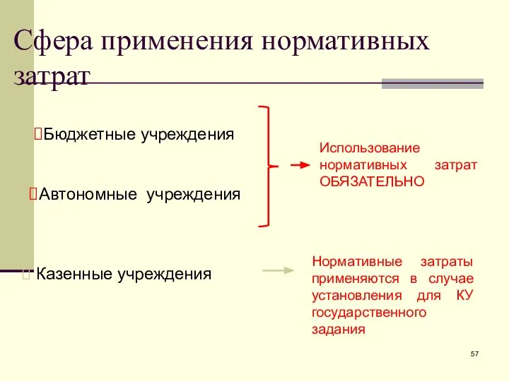 Сфера применения нормативных затрат Бюджетные учреждения Автономные учреждения Казенные учреждения Использование