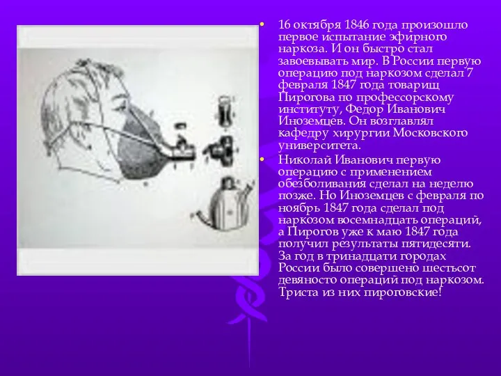 16 октября 1846 года произошло первое испытание эфирного наркоза. И он