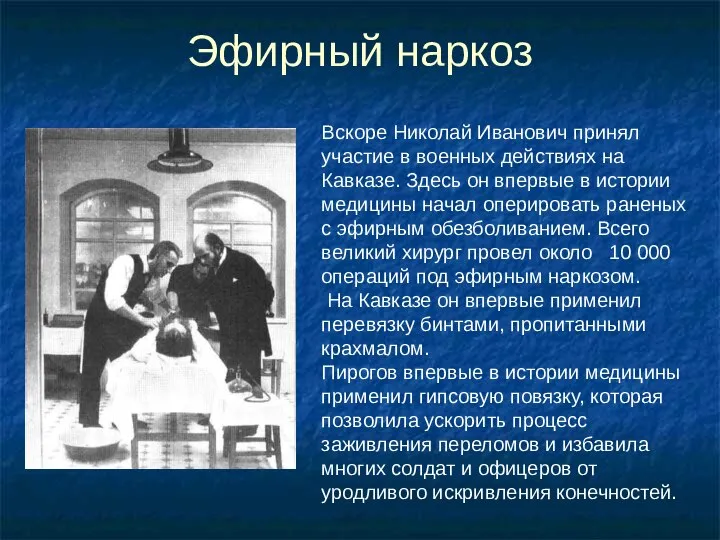 Эфирный наркоз Вскоре Николай Иванович принял участие в военных действиях на