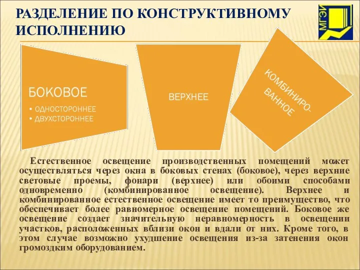 РАЗДЕЛЕНИЕ ПО КОНСТРУКТИВНОМУ ИСПОЛНЕНИЮ Естественное освещение производственных помещений может осуществляться через