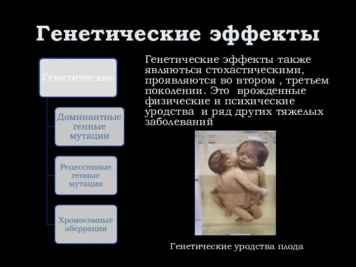 Генетические эффекты Генетические эффекты также являються стохастическими, проявляются во втором ,