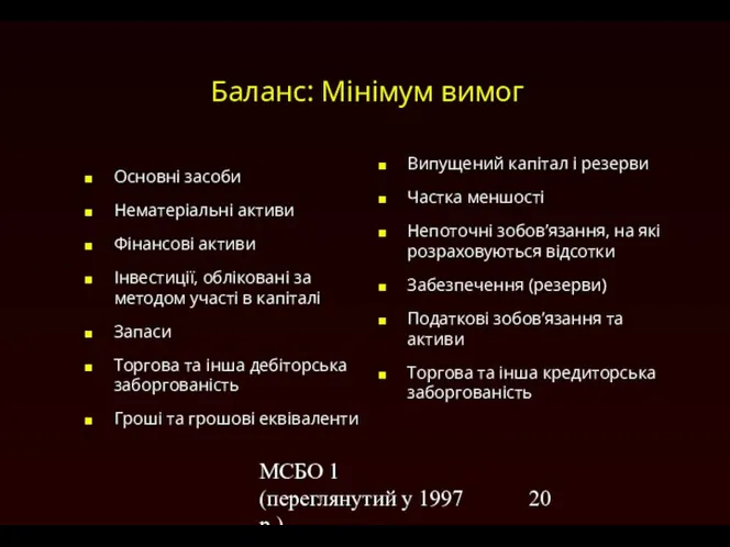 МСБО 1 (переглянутий у 1997 р.) Баланс: Мінімум вимог Основні засоби