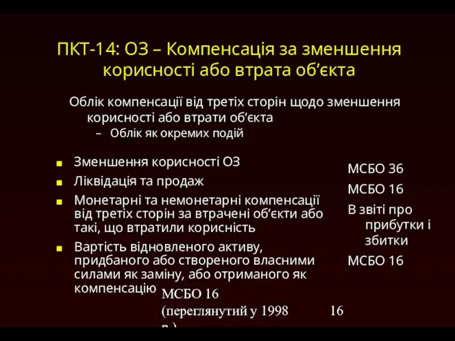 МСБО 16 (переглянутий у 1998 р.) ПКТ-14: ОЗ – Компенсація за