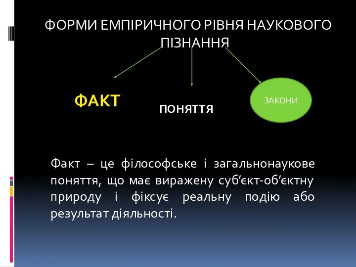 ФОРМИ ЕМПІРИЧНОГО РІВНЯ НАУКОВОГО ПІЗНАННЯ ФАКТ ПОНЯТТЯ ЗАКОНИ Факт – це