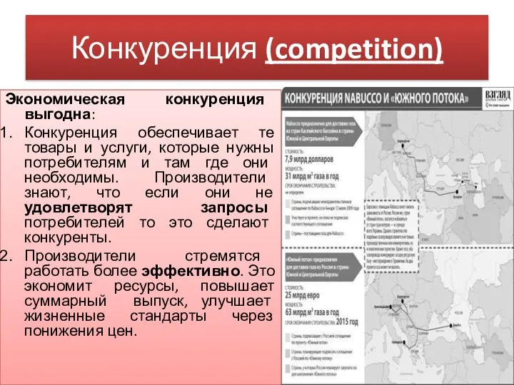 Конкуренция (competition) Экономическая конкуренция выгодна: Конкуренция обеспечивает те товары и услуги,