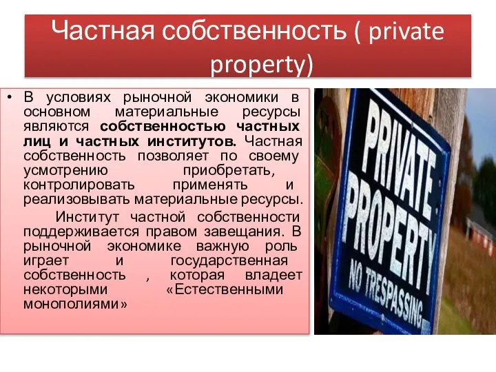 Частная собственность ( private property) В условиях рыночной экономики в основном