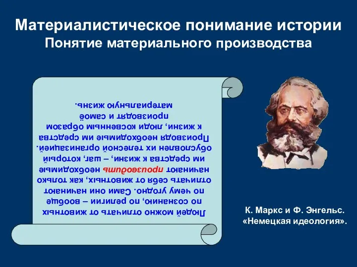 Материалистическое понимание истории Понятие материального производства Людей можно отличать от животных