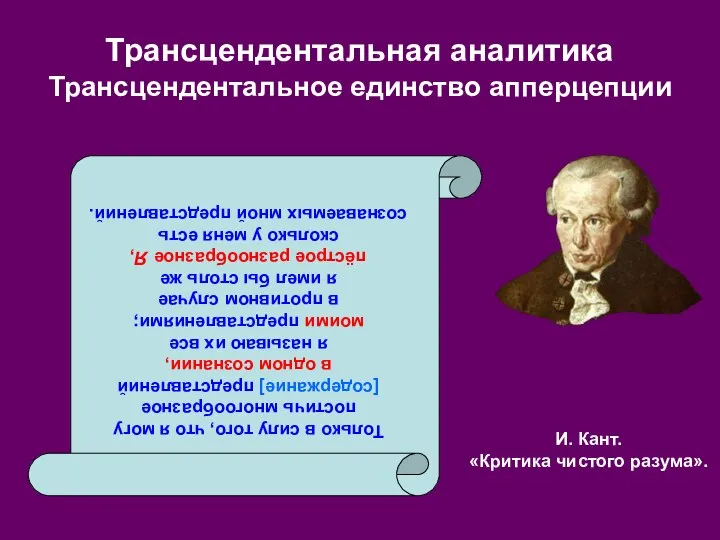 И. Кант. «Критика чистого разума». Трансцендентальная аналитика Трансцендентальное единство апперцепции Только