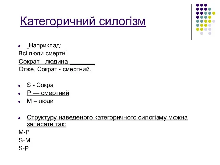 Категоричний силогізм Наприклад: Всі люди смертні. Сократ - людина._______ Отже, Сократ