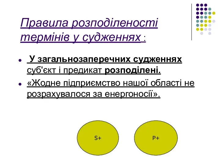 Правила розподіленості термінів у судженнях : У загальнозаперечних судженнях суб'єкт і