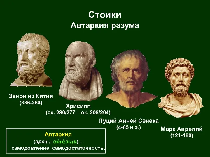 Стоики Автаркия разума Зенон из Кития (336-264) Хрисипп (ок. 280/277 –