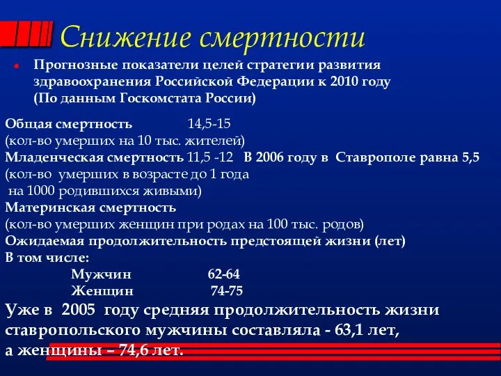 Снижение смертности Прогнозные показатели целей стратегии развития здравоохранения Российской Федерации к