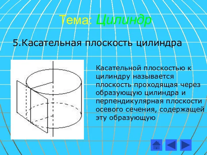 Тема: Цилиндр 5.Касательная плоскость цилиндра Касательной плоскостью к цилиндру называется плоскость