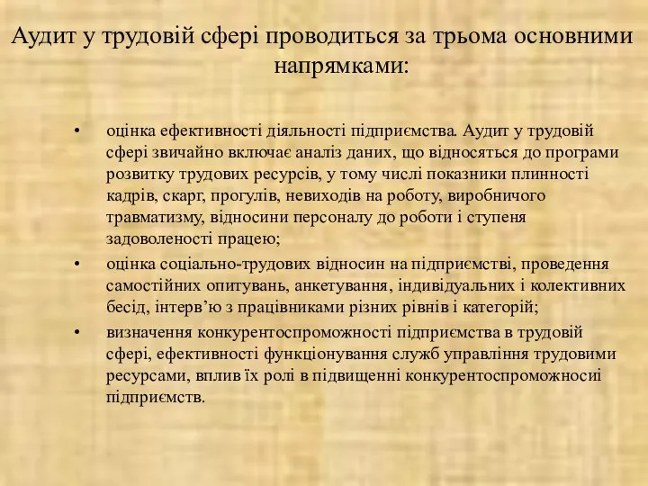 Аудит у трудовій сфері проводиться за трьома основними напрямками: оцінка ефективності