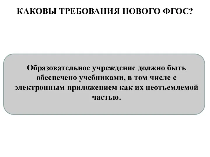 КАКОВЫ ТРЕБОВАНИЯ НОВОГО ФГОС? Образовательное учреждение должно быть обеспечено учебниками, в