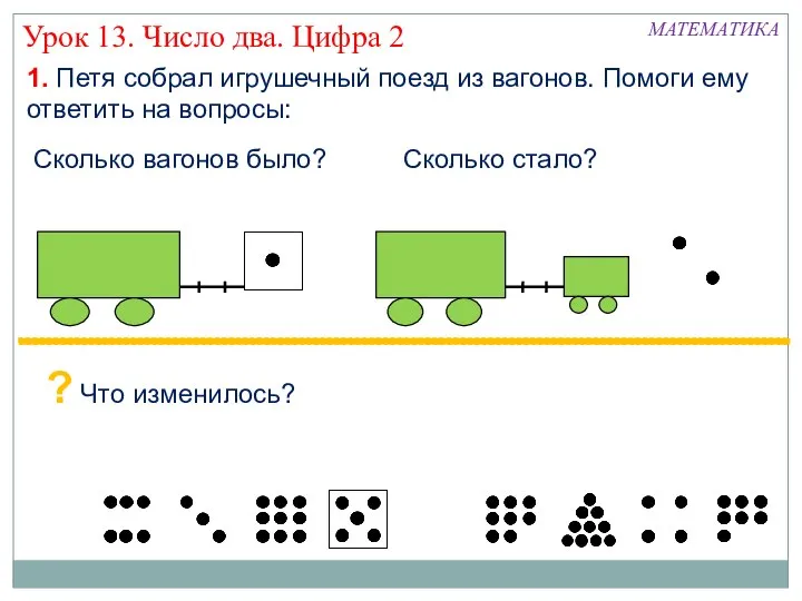 Урок 13. Число два. Цифра 2 1. Петя собрал игрушечный поезд