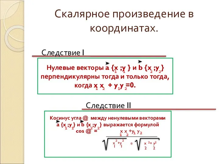 Скалярное произведение в координатах. Следствие I Следствие II Нулевые векторы a