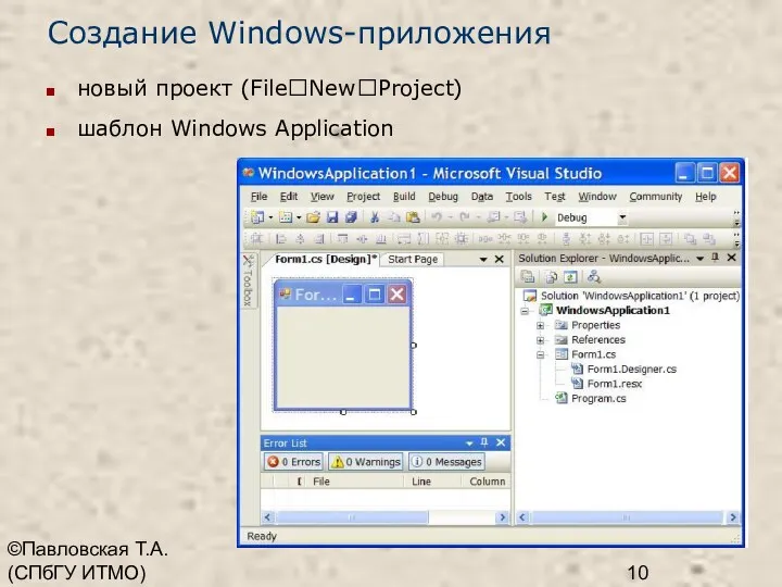 ©Павловская Т.А. (СПбГУ ИТМО) Создание Windows-приложения новый проект (FileNewProject) шаблон Windows Application