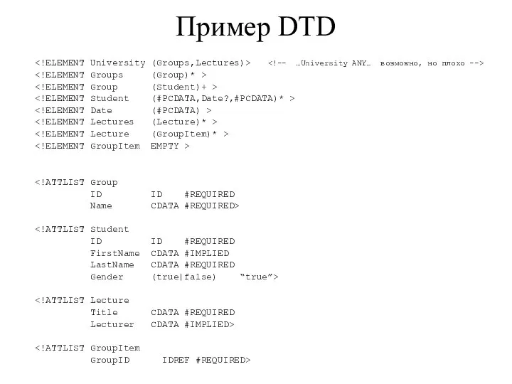 Пример DTD ID ID #REQUIRED Name CDATA #REQUIRED> ID ID #REQUIRED