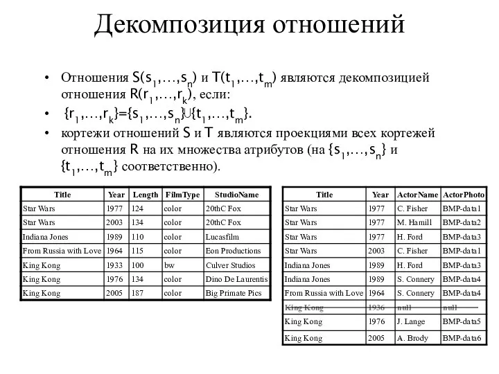 Декомпозиция отношений Отношения S(s1,…,sn) и T(t1,…,tm) являются декомпозицией отношения R(r1,…,rk), если: