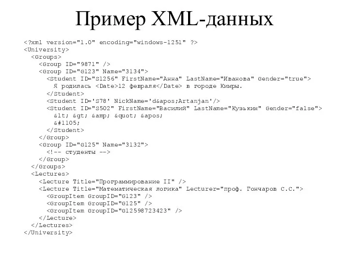 Я родилась 12 февраля в городе Кимры. &lt; &gt; &amp; &quot; &apos; &#1105; Пример XML-данных