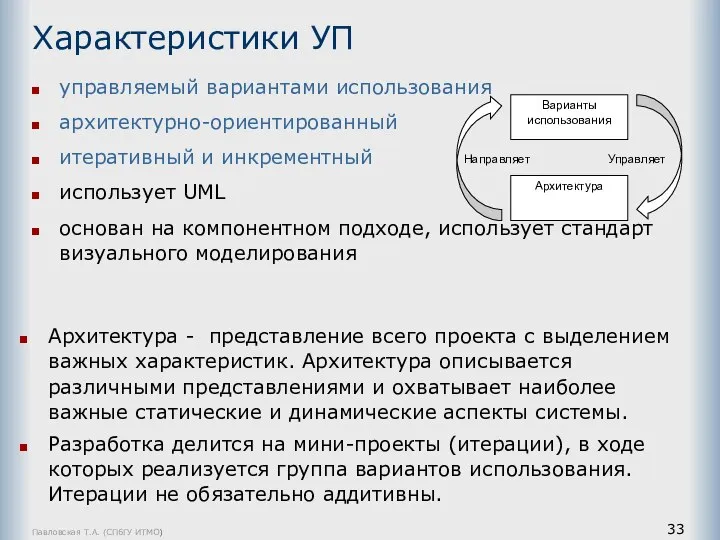 Павловская Т.А. (СПбГУ ИТМО) Характеристики УП управляемый вариантами использования архитектурно-ориентированный итеративный