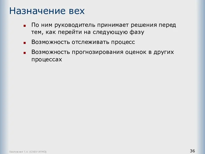 Павловская Т.А. (СПбГУ ИТМО) Назначение вех По ним руководитель принимает решения