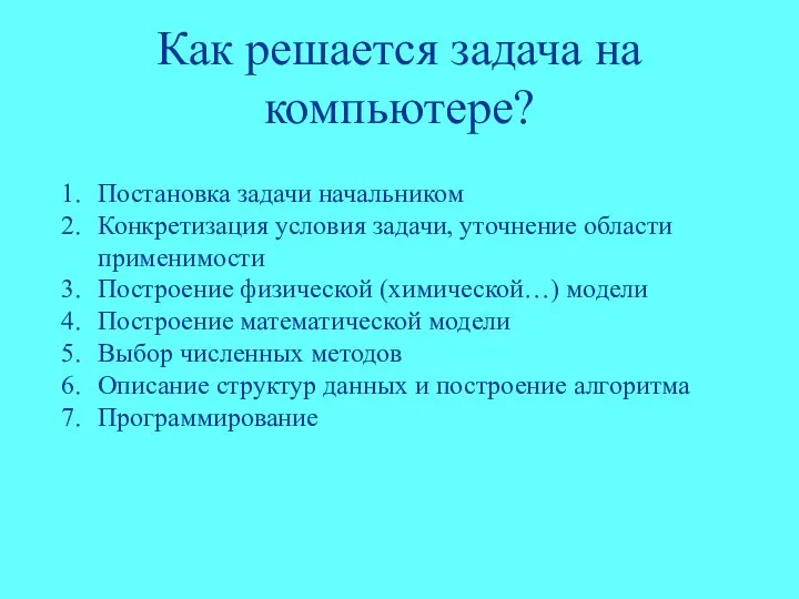 Как решается задача на компьютере? Постановка задачи начальником Конкретизация условия задачи,