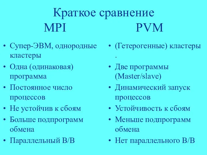 Краткое сравнение MPI PVM Супер-ЭВМ, однородные кластеры Одна (одинаковая) программа Постоянное