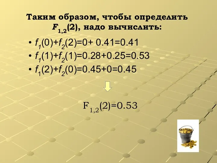 Таким образом, чтобы определить F1,2(2), надо вычислить: f1(0)+f2(2)=0+ 0.41=0.41 f1(1)+f2(1)=0.28+0.25=0.53 f1(2)+f2(0)=0.45+0=0.45 F1,2(2)=0.53