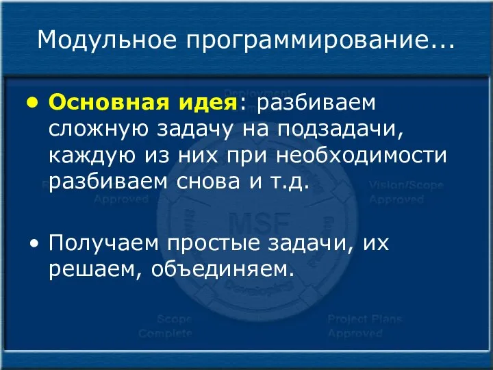 Модульное программирование... Основная идея: разбиваем сложную задачу на подзадачи, каждую из