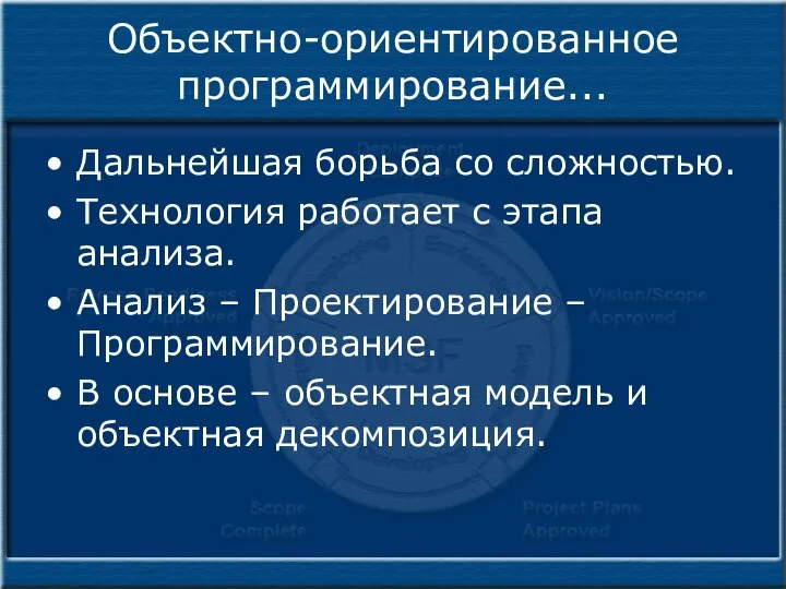 Объектно-ориентированное программирование... Дальнейшая борьба со сложностью. Технология работает с этапа анализа.