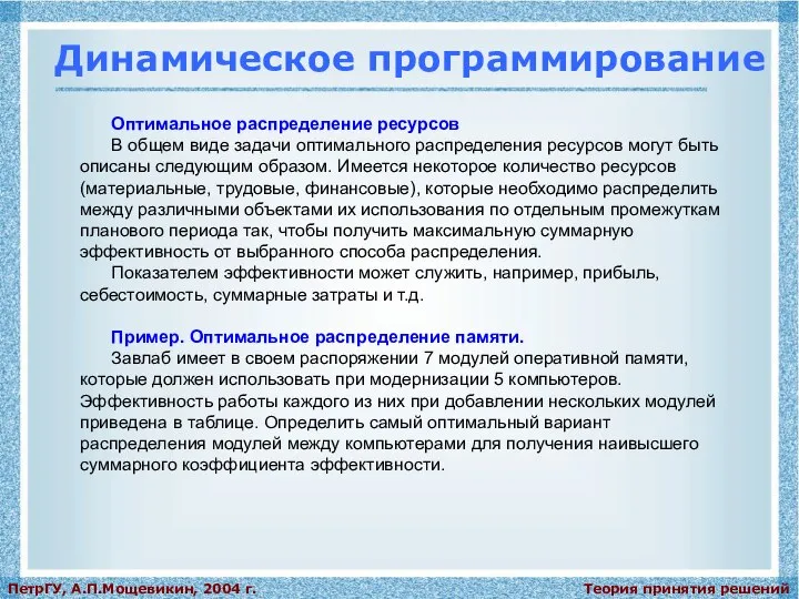 Теория принятия решений ПетрГУ, А.П.Мощевикин, 2004 г. Динамическое программирование Оптимальное распределение