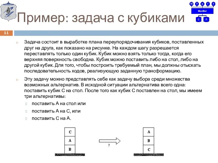 Пример: задача с кубиками Задача состоит в выработке плана переупорядочивания кубиков,