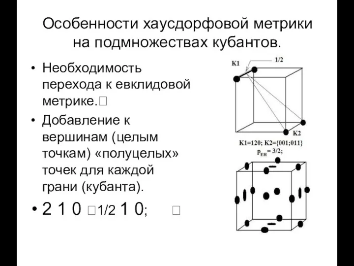 Особенности хаусдорфовой метрики на подмножествах кубантов. Необходимость перехода к евклидовой метрике.?