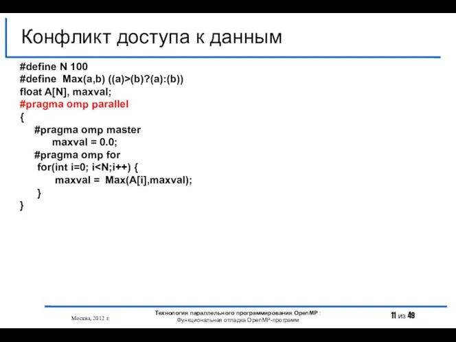 Конфликт доступа к данным Москва, 2012 г. Технология параллельного программирования OpenMP
