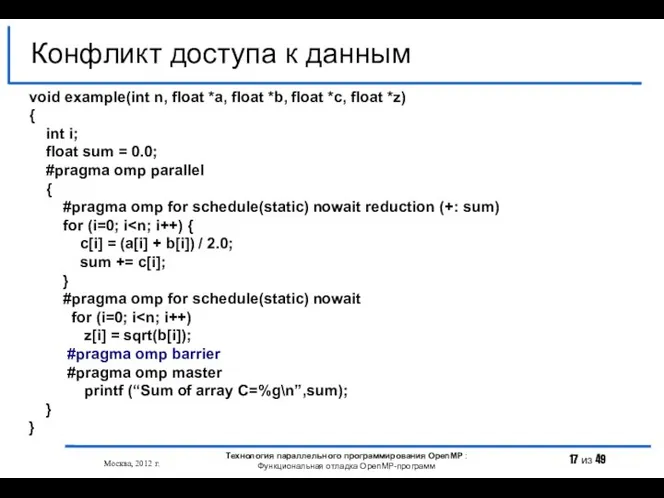 Конфликт доступа к данным Москва, 2012 г. Технология параллельного программирования OpenMP