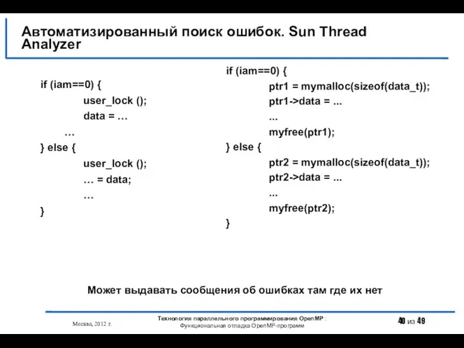 Автоматизированный поиск ошибок. Sun Thread Analyzer Москва, 2012 г. Технология параллельного