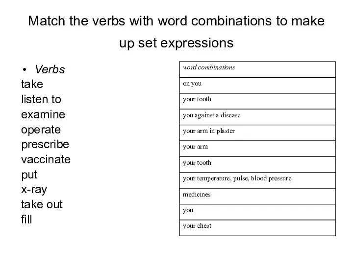 Match the verbs with word combinations to make up set expressions