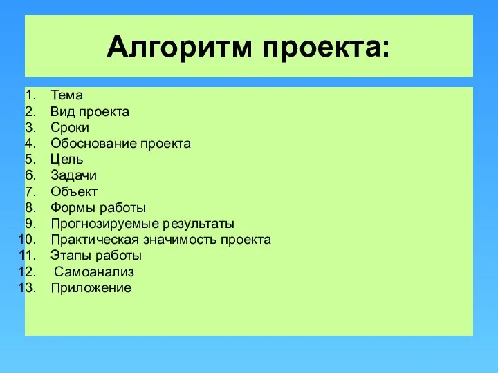 Алгоритм проекта: Тема Вид проекта Сроки Обоснование проекта Цель Задачи Объект