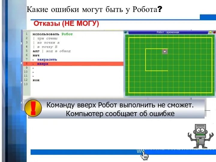 Какие ошибки могут быть у Робота? Отказы (НЕ МОГУ) Команду вверх