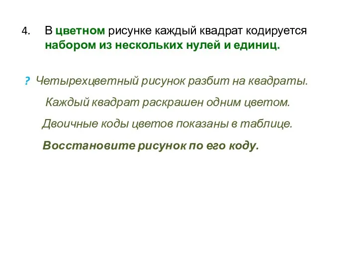 В цветном рисунке каждый квадрат кодируется набором из нескольких нулей и