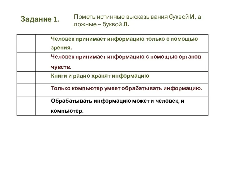 Задание 1. Пометь истинные высказывания буквой И, а ложные – буквой Л.