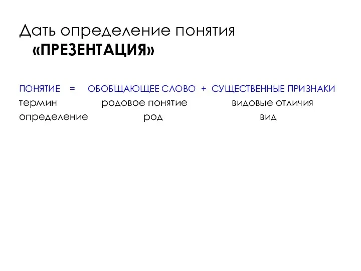 Дать определение понятия «ПРЕЗЕНТАЦИЯ» ПОНЯТИЕ = ОБОБЩАЮЩЕЕ СЛОВО + СУЩЕСТВЕННЫЕ ПРИЗНАКИ