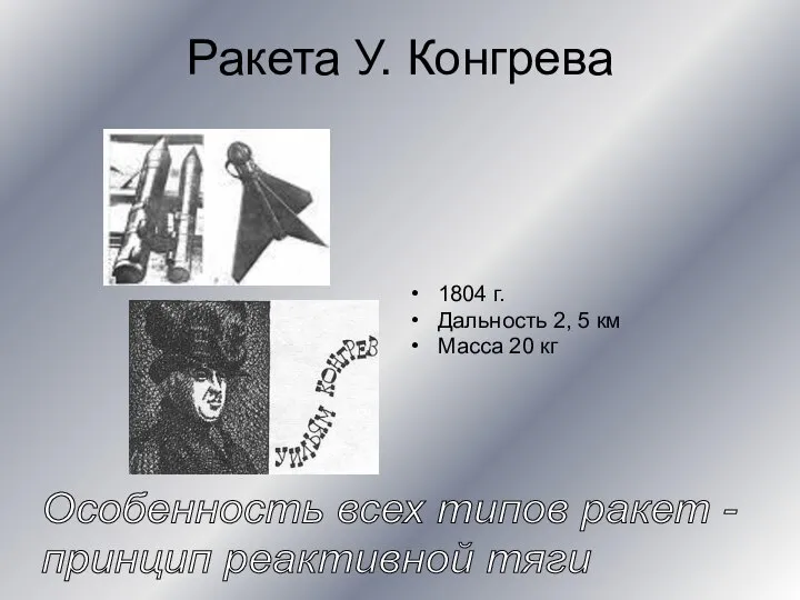 Ракета У. Конгрева 1804 г. Дальность 2, 5 км Масса 20