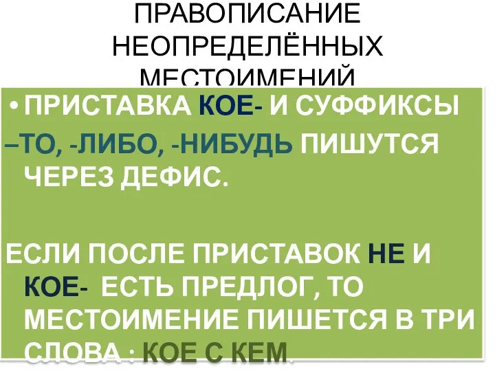 ПРАВОПИСАНИЕ НЕОПРЕДЕЛЁННЫХ МЕСТОИМЕНИЙ ПРИСТАВКА КОЕ- И СУФФИКСЫ –ТО, -ЛИБО, -НИБУДЬ ПИШУТСЯ