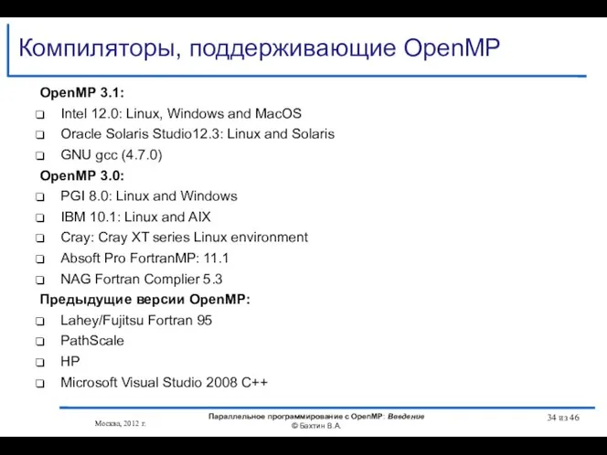 Компиляторы, поддерживающие OpenMP Москва, 2012 г. Параллельное программирование с OpenMP: Введение