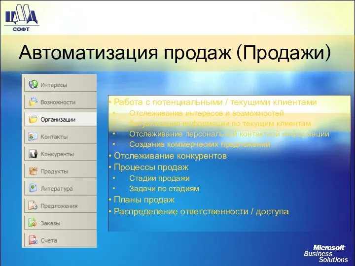 Работа с потенциальными / текущими клиентами Отслеживание интересов и возможностей Актуализация