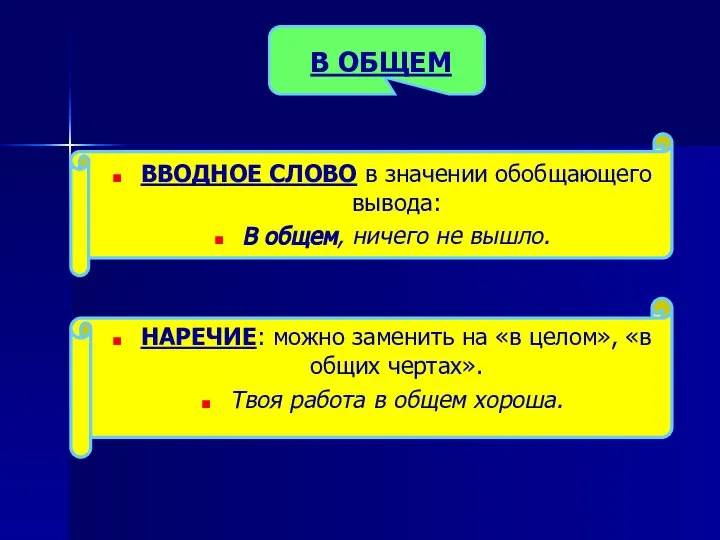 В ОБЩЕМ ВВОДНОЕ СЛОВО в значении обобщающего вывода: В общем, ничего