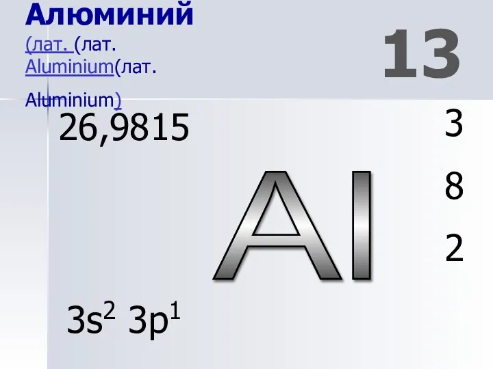 Al 13 Алюминий (лат. (лат. Aluminium(лат. Aluminium) 3 8 2 26,9815 3s2 3p1